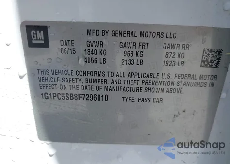 2015 Chevrolet Cruze 1Lt Auto из США, поврежденный, VIN 1G1PC5SB8F7296010